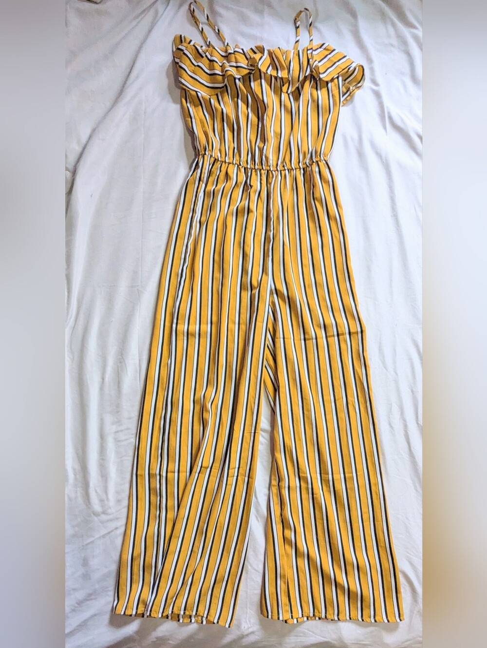 Size Small Bluenotes EUC Yellow White Striped Wide Leg Ruffle Jumpsuit Romper